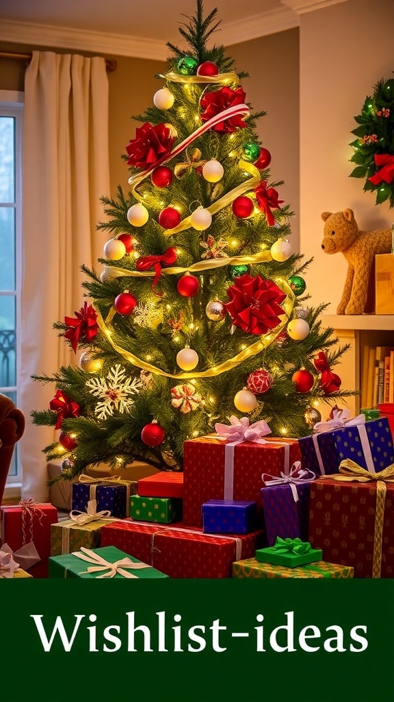 A decorated Christmas tree with presents underneath in a cozy living room.